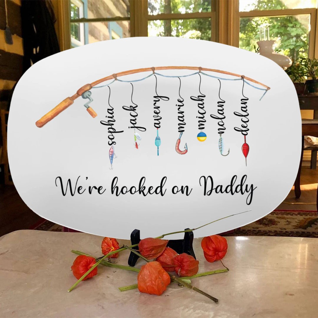 Personalized We're Hooked On Daddy Platter with Names Gift For Dad Grandpa 