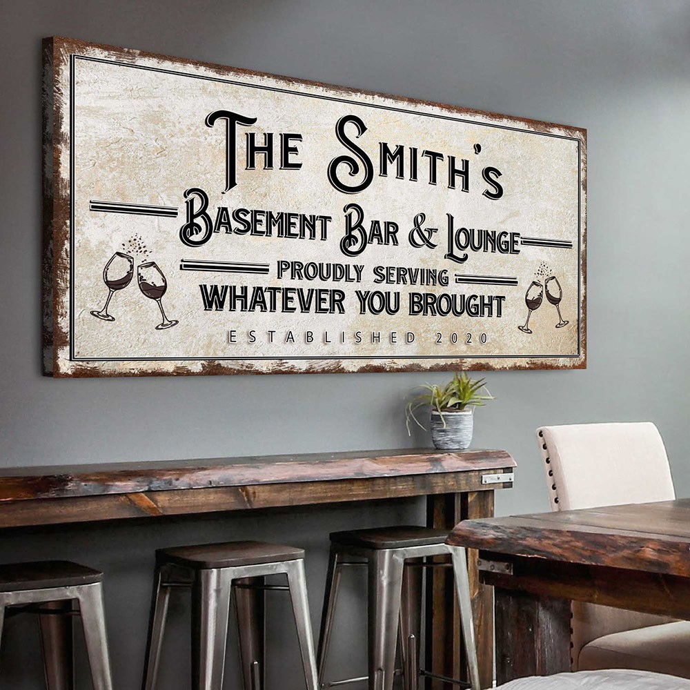 Personalized Canvas Print Basement Bar And Lounge Sign Wall Decor Father's Day Gift