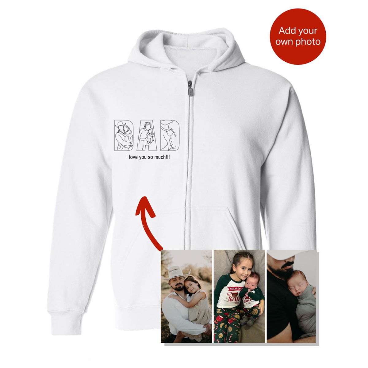 Personalized Embroidered Dad Portrait Zip Up Hoodie Sweatshirt Gift For Father's Day