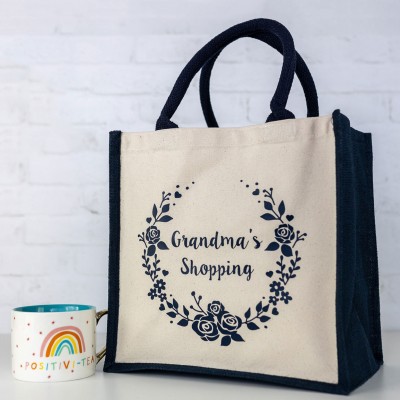 Personalized Grandma's Wreath Shopping Canvas Bag Mothers Day Gift for Grandma
