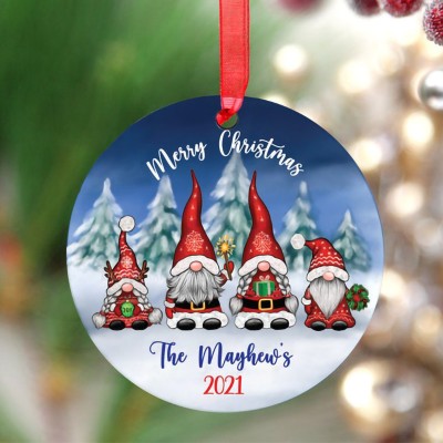 Personalized Blue Background Santa Gnome Christmas Ornament For Family