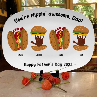 Personalized Burger Hot Dog Handprint Footprint Plate Gift For Father's Day 