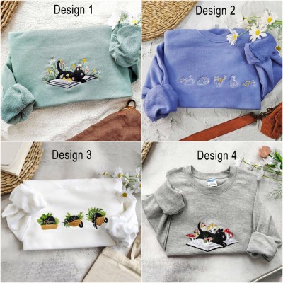 Cute Cat Lying On The Book Embroidered Sweatshirt Gift For Cat Lover