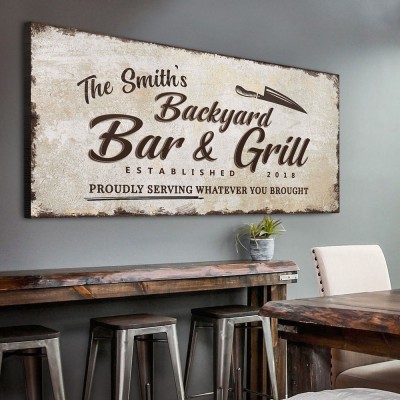 Personalized Canvas Print Bar Sign Backyard Bar & Grill Wall Decor Father's Day Gift