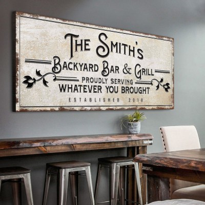 Personalized Canvas Print Bar Sign Backyard Bar & Grill Wall Decor Father's Day Gift