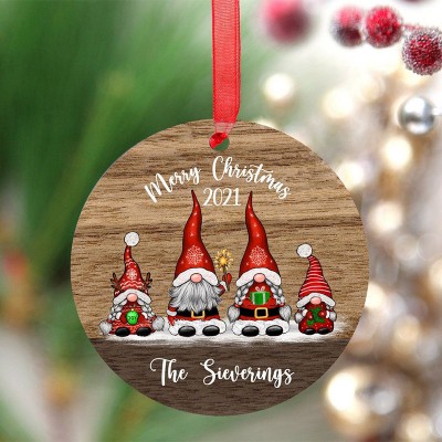 Personalized Wood Background Santa Gnome Christmas Ornament For Family