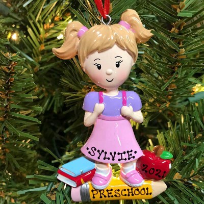Personalized Girl First Day of School Ornament- Kindergarten-Preschool- PreK Gift For Kids