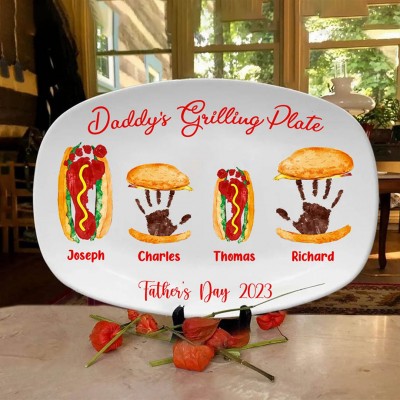 Personalized Burger Hot Dog Handprint Footprint Plate Gift For Father's Day 