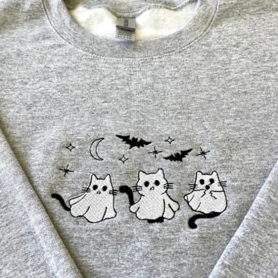 Embroidered Ghost Black Cats Halloween Hoodie Crewneck Spooky Season For Cat Lover