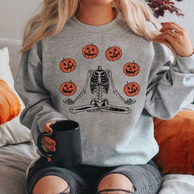 Pumpkin And Skeleton Halloween Hoodie Crewneck For Spooky Season