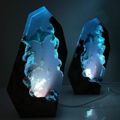 HOT SALE❗❗❗Manta Rays and Couple Diver Resin Wood Lamp Night Light