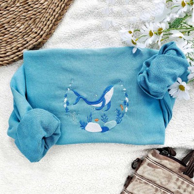 Blue Ocean Whale Embroidered Sweatshirt Gift For Nature Lover