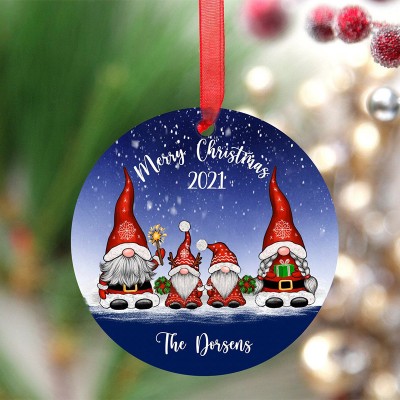 Personalized Blue Background Santa Gnome Christmas Ornament With Snow For Family