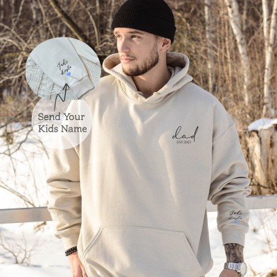 Personalized Dad Est with Kids Names and Heart on Sleeve Hoodie Sweatshirt For Father's Day