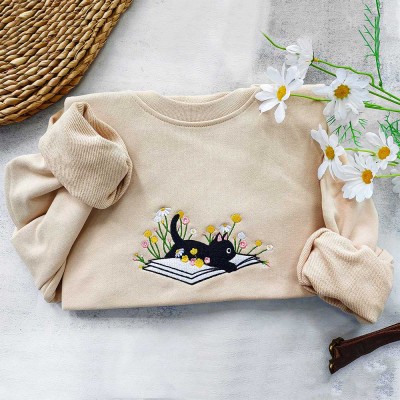 Cute Cat Lying On The Book Embroidered Sweatshirt Gift For Cat Lover