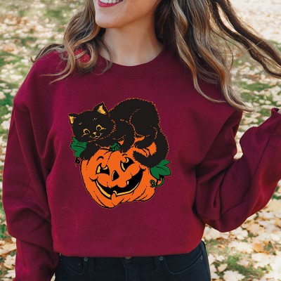 Pumpkin and Black Cat Retro Halloween Hoodie Crewneck For Cat Lover