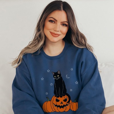 Pumpkin and Black Cat Retro Halloween Hoodie Crewneck For Cat Lover