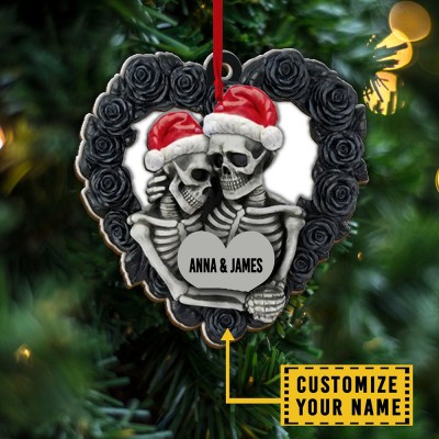 Black Rose Heart Shape Skeleton Couple Personalized 2 Layered Wooden Ornament Christmas Tree Decor 