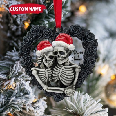Skeleton Couple Personalized Ornament Christmas Tree Decor Black Rose Heart Shape