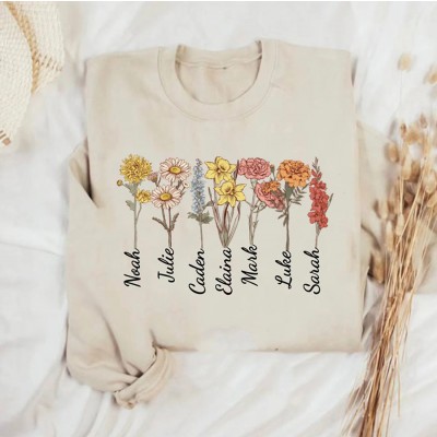 Custom Embroidered Birth Month Flower Sweatshirt For Mom Grandma Mother's Day Gift