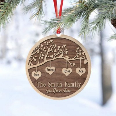 Personalized Christmas Family Tree Ornament Love Grows Here With 1-10 Family Names