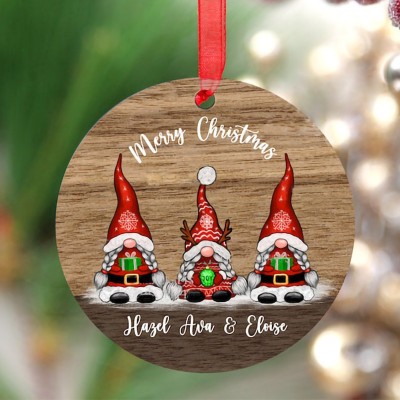 Personalized Wood Background Santa Gnome Christmas Ornament For Family